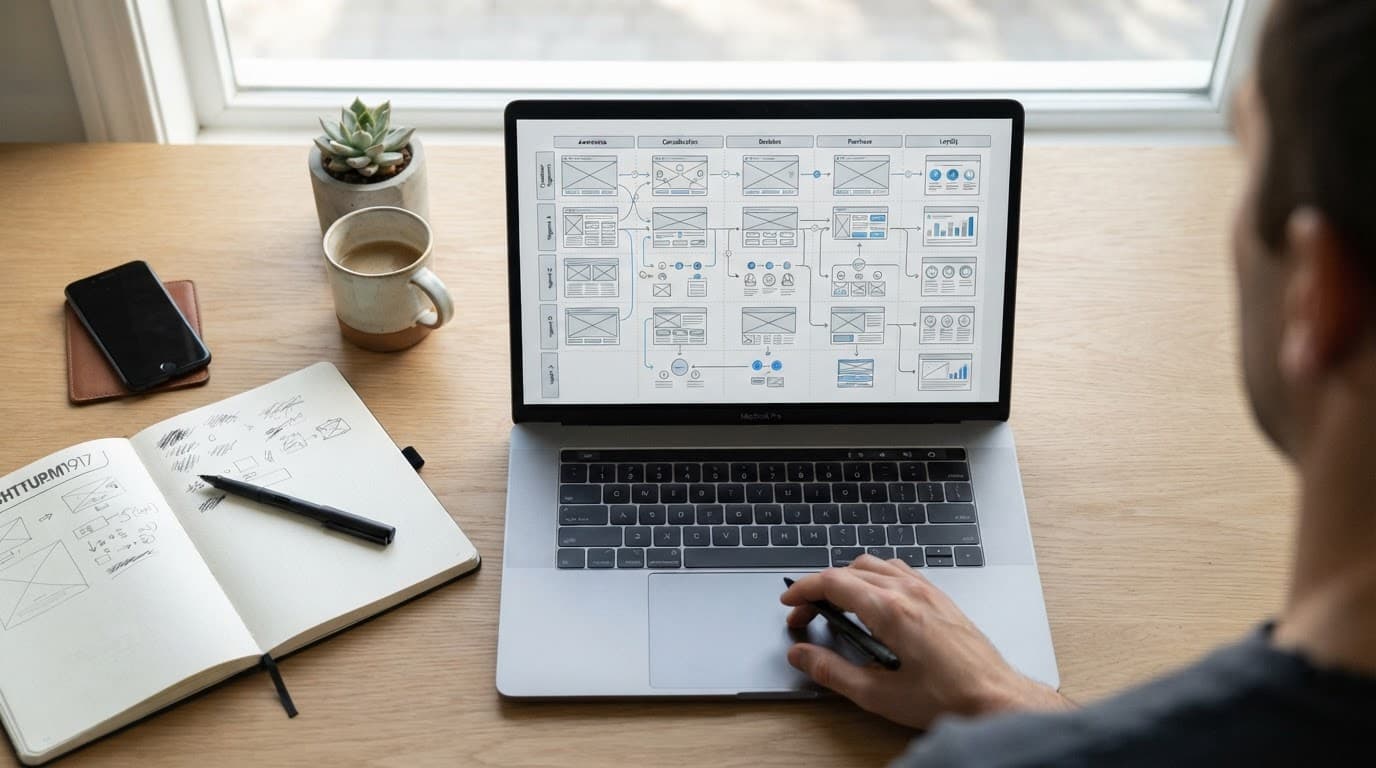 A customer journey map and notebook on a clean desk in soft daylight.