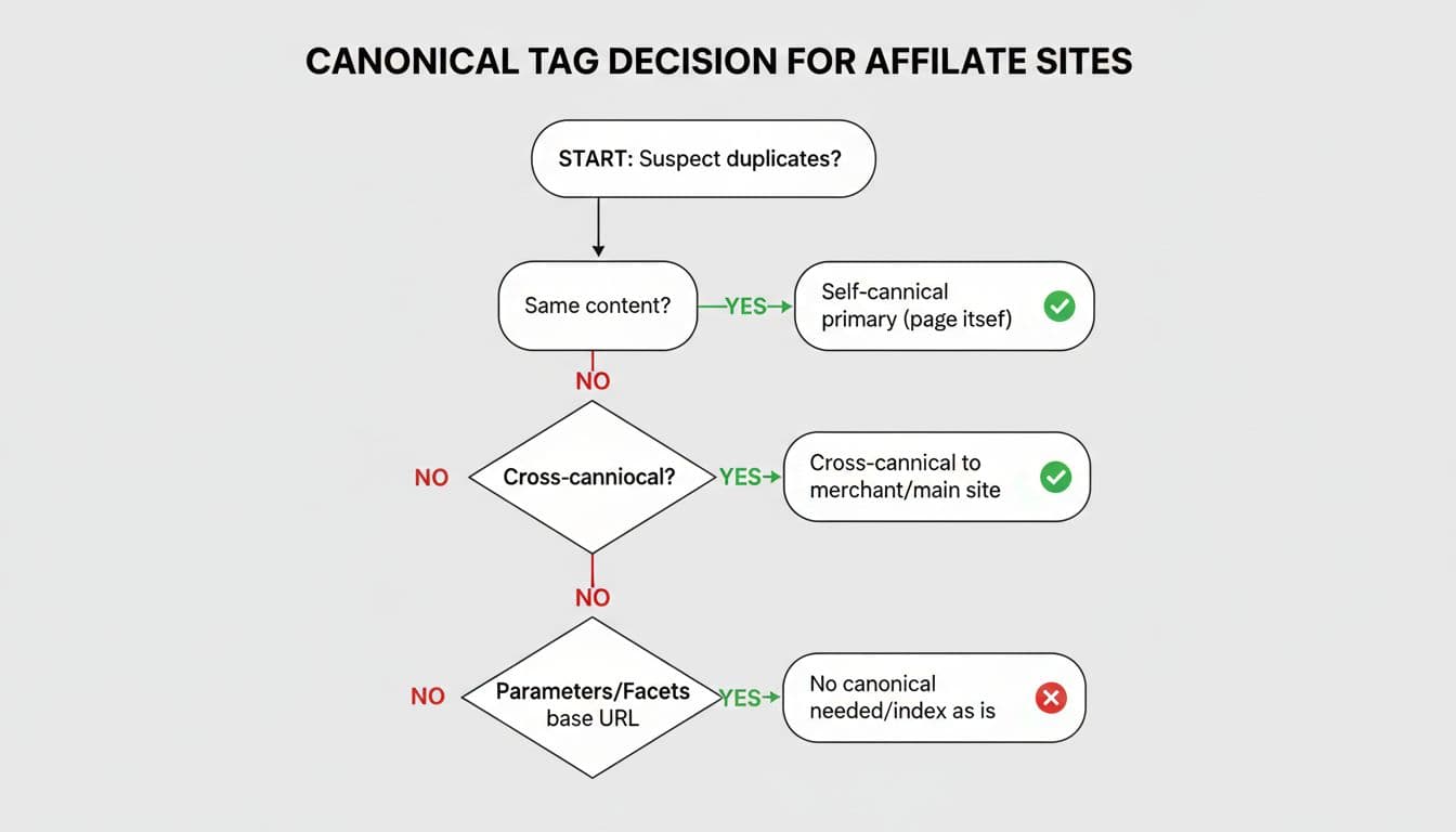 Simple minimalist vector flowchart for canonical tag decisions on affiliate sites, starting with 'Suspect duplicates?', branching on same content, self-canonical, cross-canonical for parameters and faceted pages, using green yes/red no paths on light gray background.