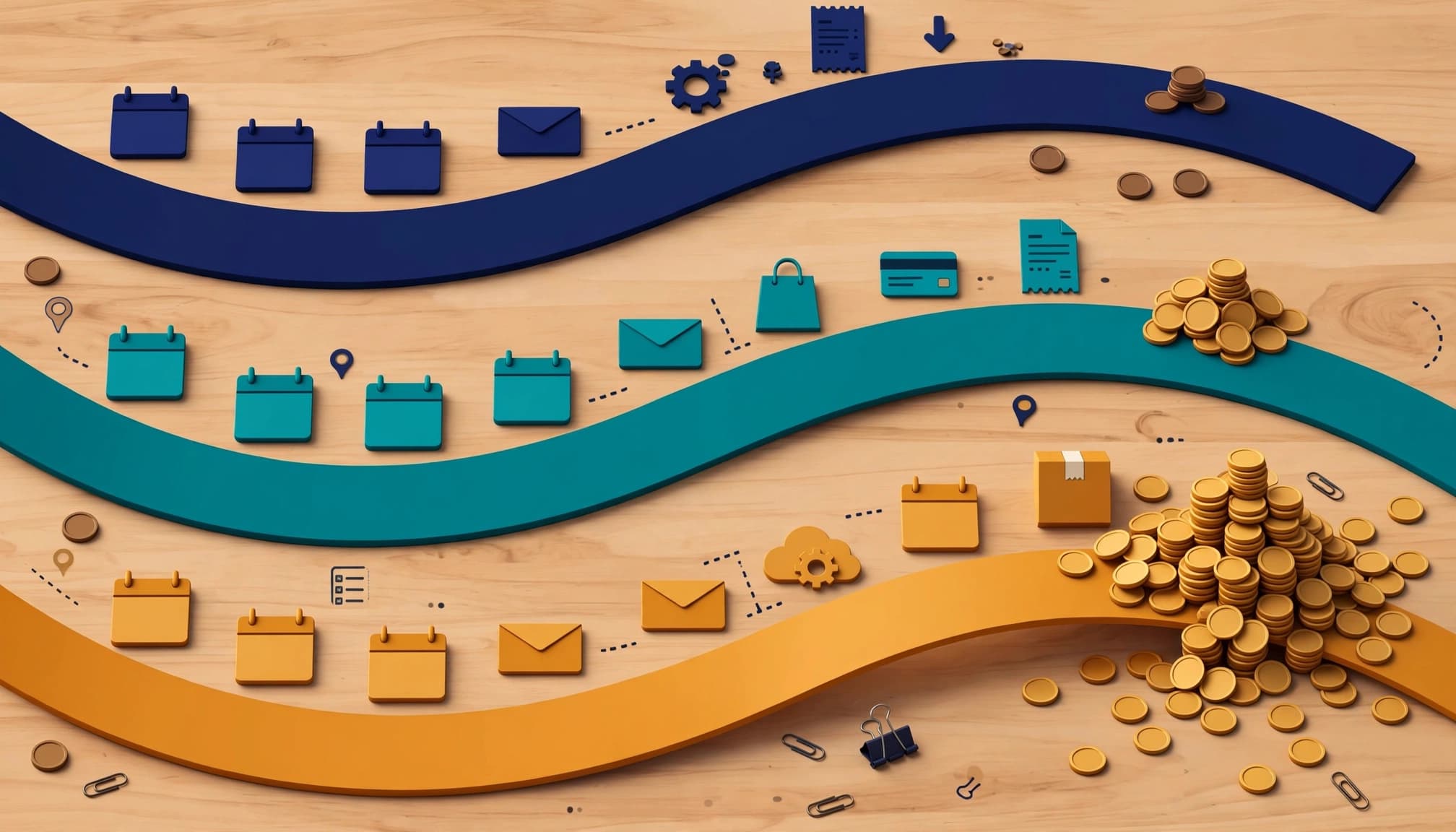 Three cash flow paths with coins, calendars, envelopes, and expense symbols on a desk.