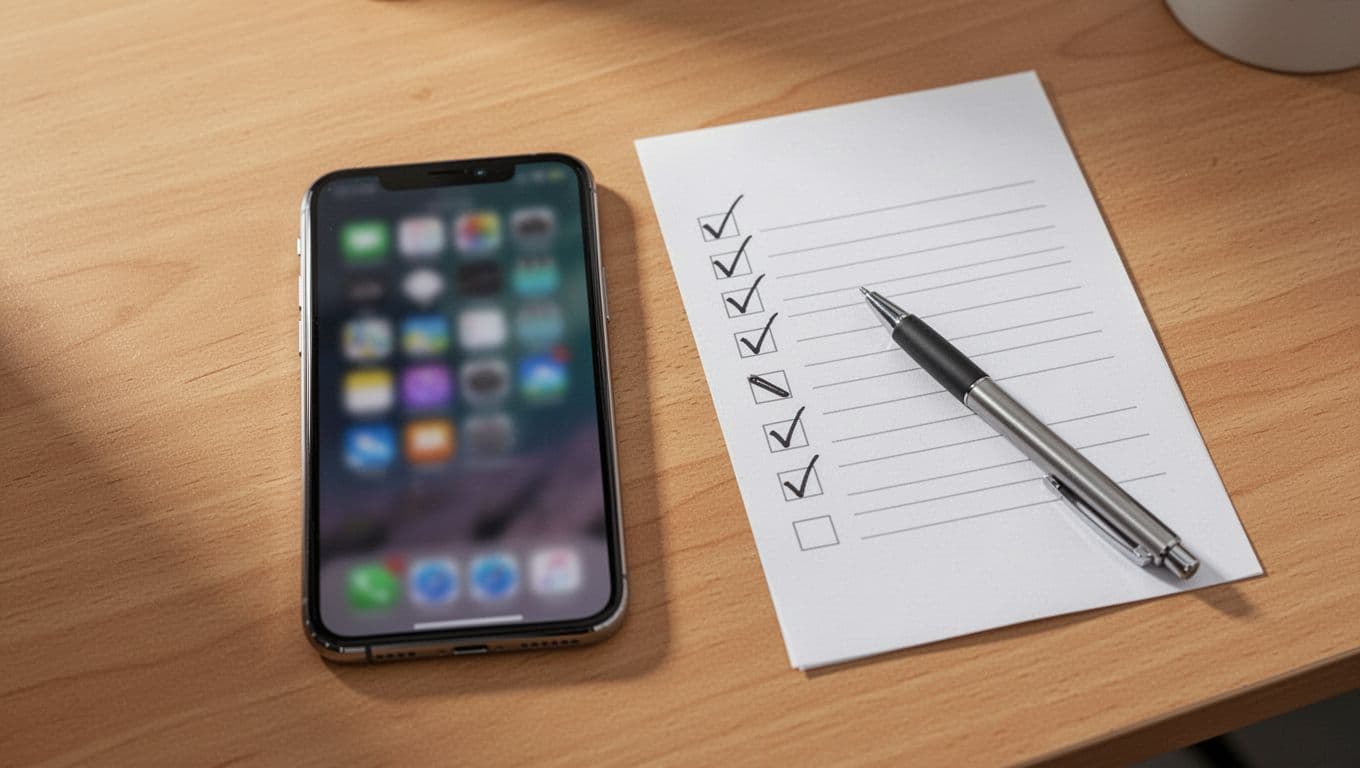 Top-down photorealistic view of a simple desk setup with a smartphone displaying a blurred language app interface and a paper checklist marked by a pen next to accreditation proctoring CEFR icons under soft lighting.