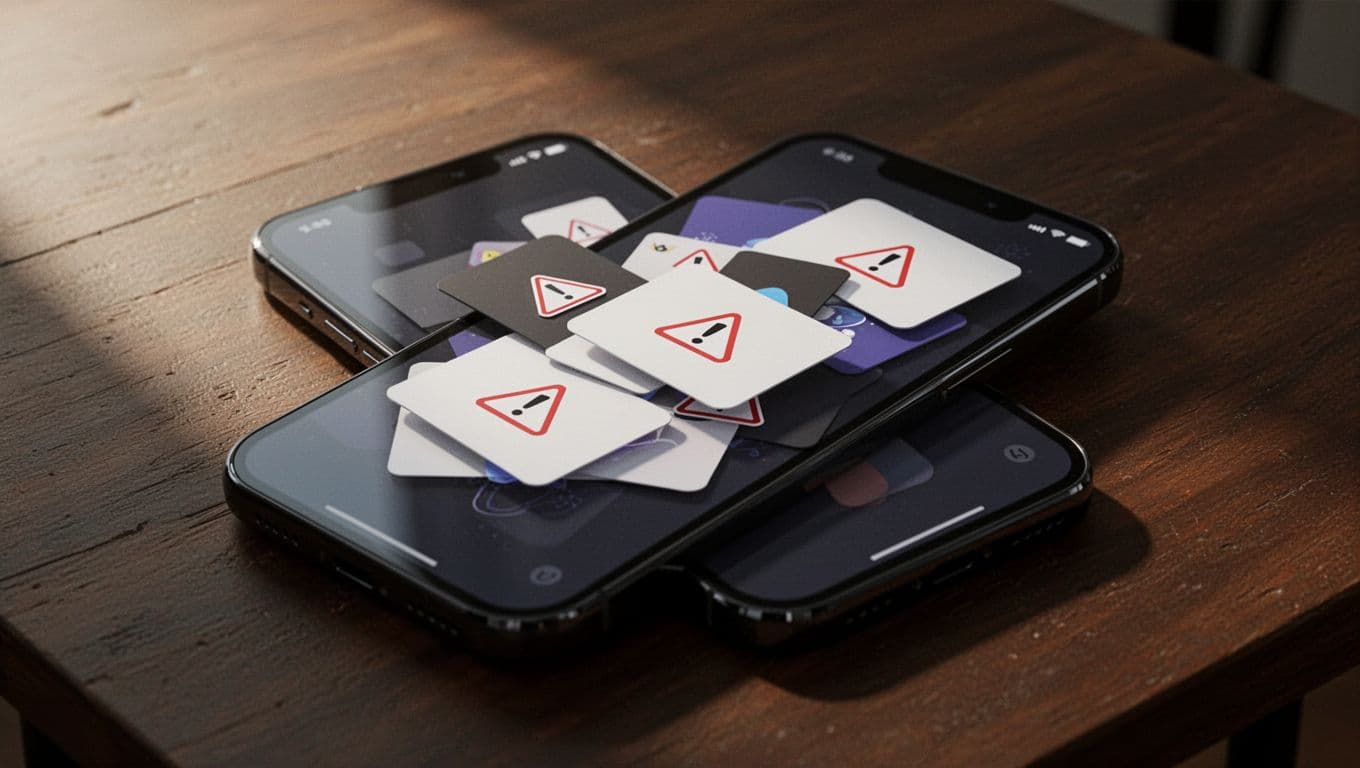 Review Schedule Transparency Check for Language Apps in 10 Minutes 3 Close-up of a smartphone app interface showing a chaotic review queue with overlapping cards and warning icons on a dark wooden table, dynamic angled composition in illustrative digital art style.