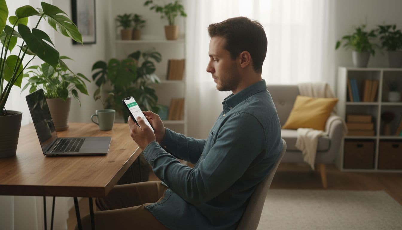 Person in cozy home office sits at desk checking phone settings for subscription status in language learning app, side view with relaxed pose, laptop nearby, plants, soft window light.