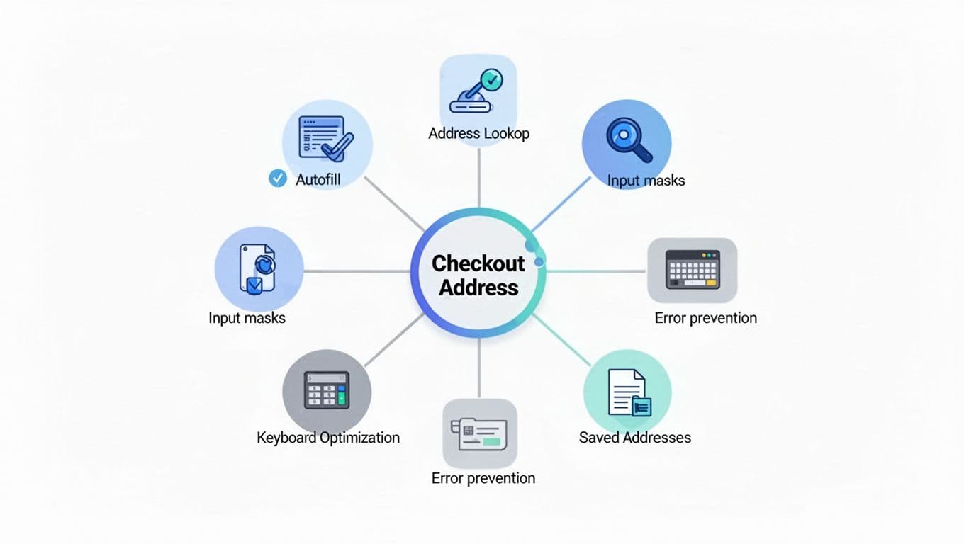 Clean, professional vector-style diagram illustrating key UX patterns for checkout address entry, featuring a central node connected to icons for autofill, address lookup, input masks, keyboard optimization, error prevention, and saved addresses in a modern flat minimal design with subtle blue-teal gradients on white background.