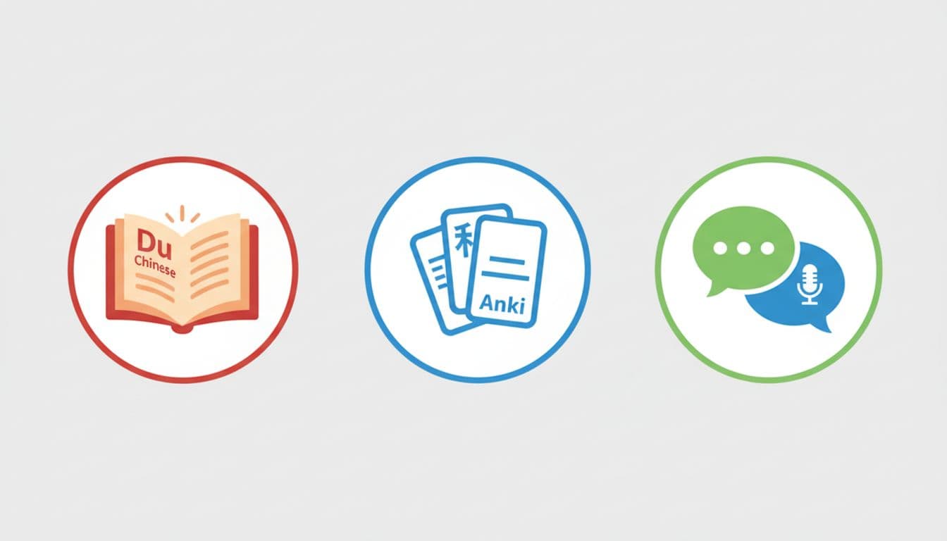 Three flat icons side-by-side: open book, flashcards stack, conversation bubbles on neutral background.