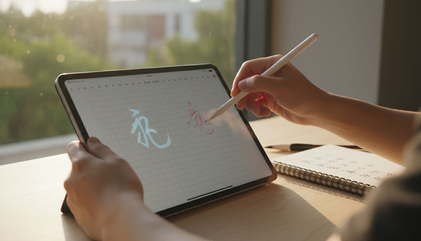 Skritter Review for Serious Learners in 2026 2 Learner draws Chinese characters stroke by stroke on tablet with stylus, faint stroke trail on screen, notebook on wooden desk.