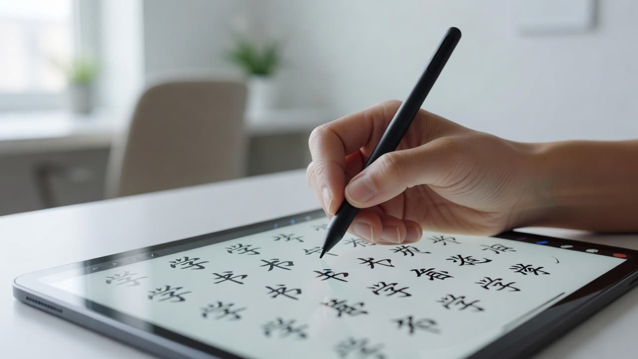 A focused individual uses a precise stylus to trace delicate Chinese characters onto a glowing tablet display. The bright, minimalist home office creates a serene environment for concentrated language learning study.