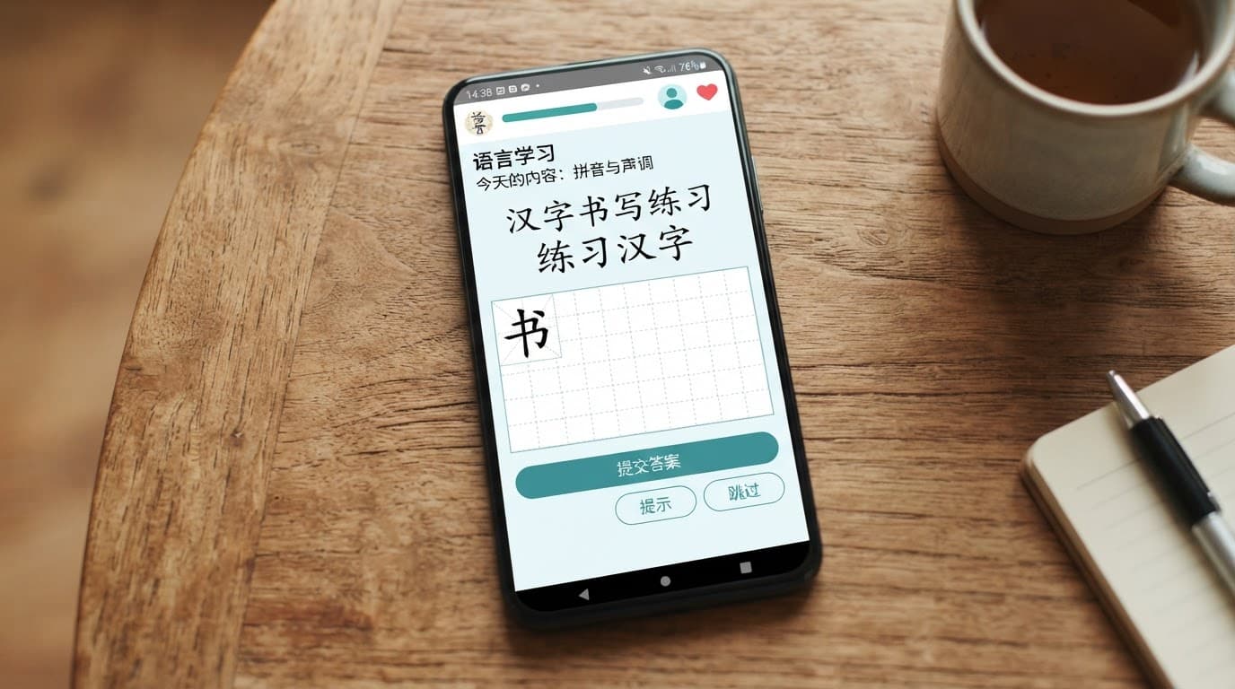 A smartphone showing a Chinese language learning app on a wooden table.
