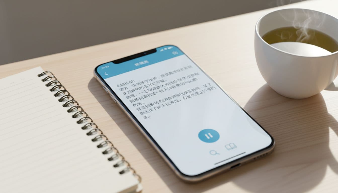Mobile phone screen shows Chinese reading app with angled story text, pinyin overlay, audio button, and dictionary icon on a desk next to notebook and tea cup.