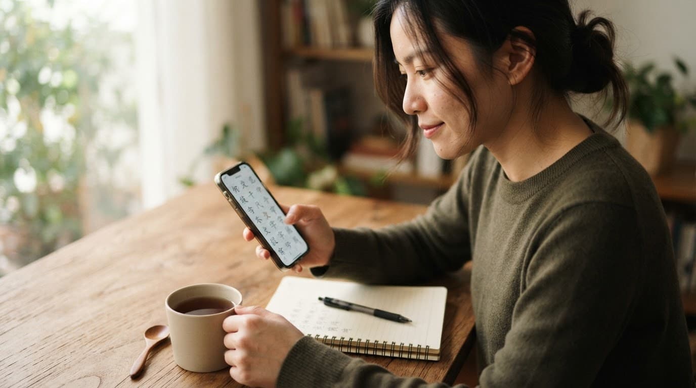 A student studies Chinese characters on a phone beside a notebook and tea.
