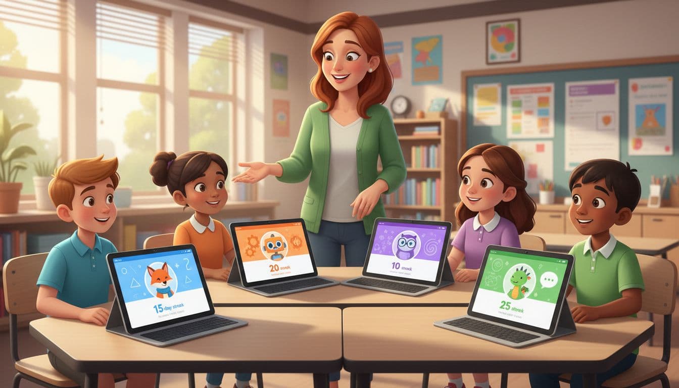 The 10-Minute Multi-User Profile Support Check For Language Apps 3 Bright daylight classroom illustration with one teacher and four elementary students around desks with shared iPads displaying unique child language app profiles, avatars, and streak counters in fun colors, semi-realistic style.