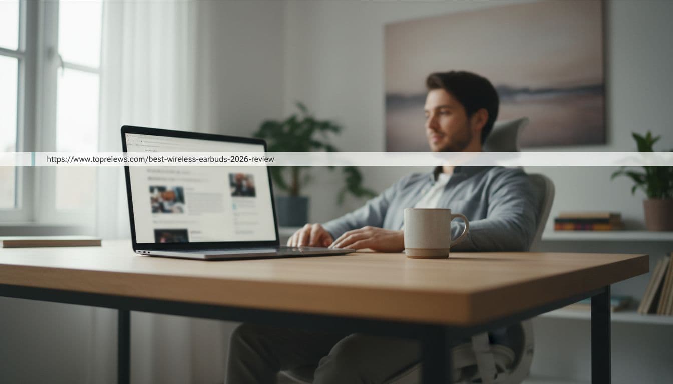 Person sits relaxed at clean desk with laptop showing affiliate review URL in browser address bar.