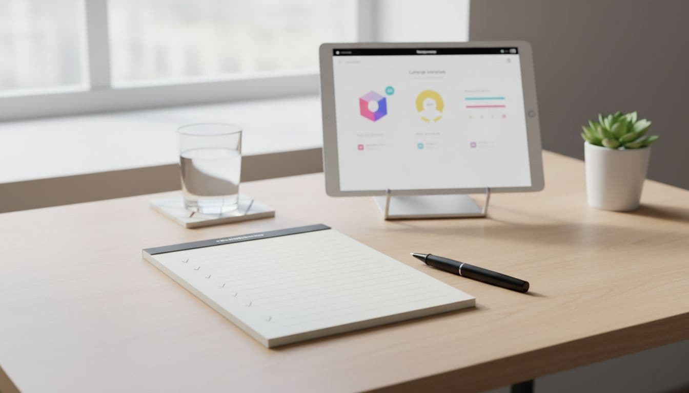 The 15-Minute Collocation Quality Check for Language Apps 3 A clean desk setup with an open notepad displaying blank checklist lines marked with checkmarks, a pen nearby, and a tablet vaguely showing a language learning app interface in the background, lit by soft natural daylight.