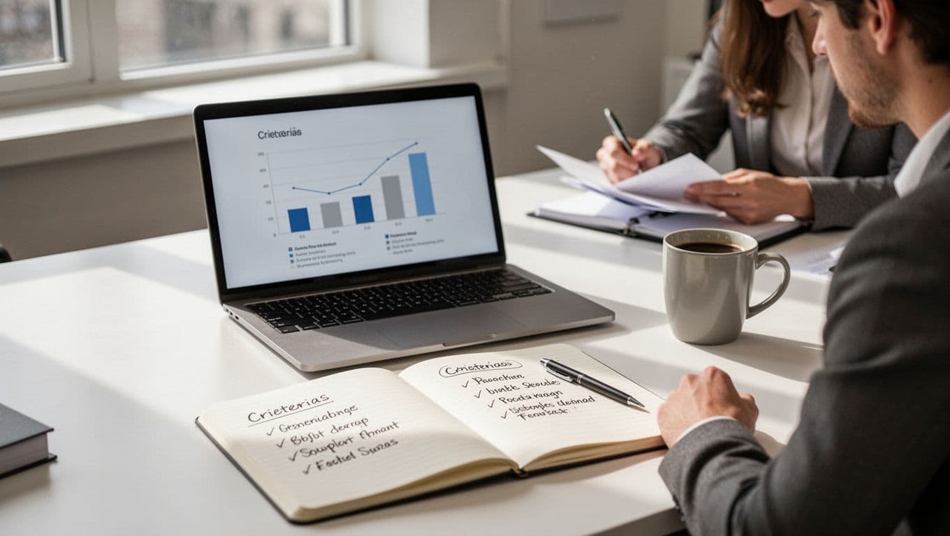 A professional clean desk setup featuring a laptop displaying a simple product review scoring chart and a notebook with criteria like features, pricing, and support, with a coffee mug and blurred reviewer in natural daylight.