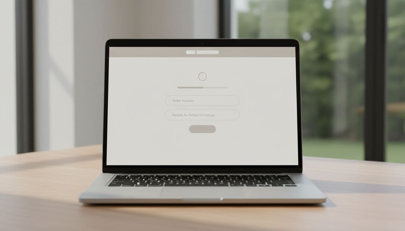 Modern minimalist ecommerce returns and exchanges webpage on a laptop screen centered on a wooden desk with soft natural light, professional product photography style.