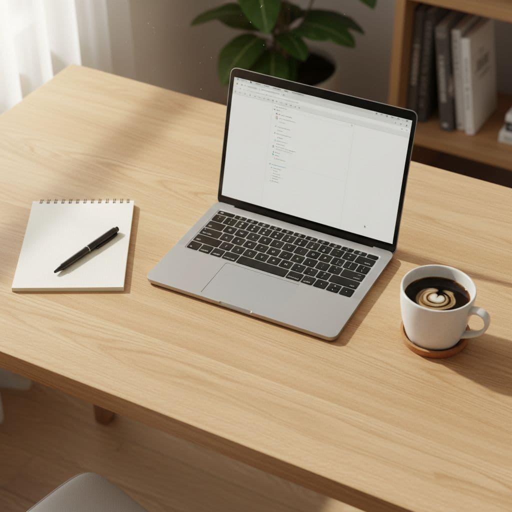 Top-down view of modern wooden desk with open laptop, coffee cup, notebook, and pen in natural sunlight.