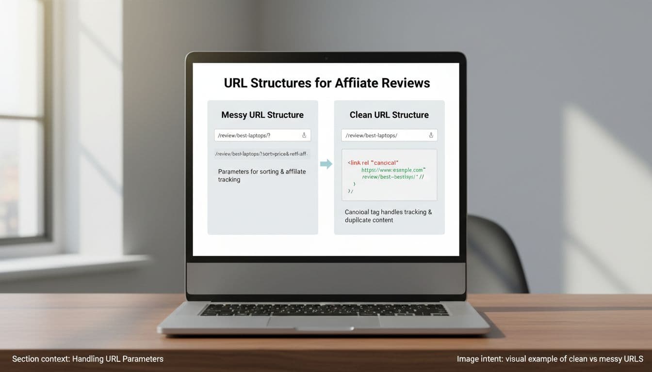 Side-by-side comparison on a laptop screen: left shows messy URL with parameters (/review/best-laptops/?sort=price&ref=aff), right shows clean URL (/review/best-laptops/) with canonical tag in code. Realistic office photo with natural light.