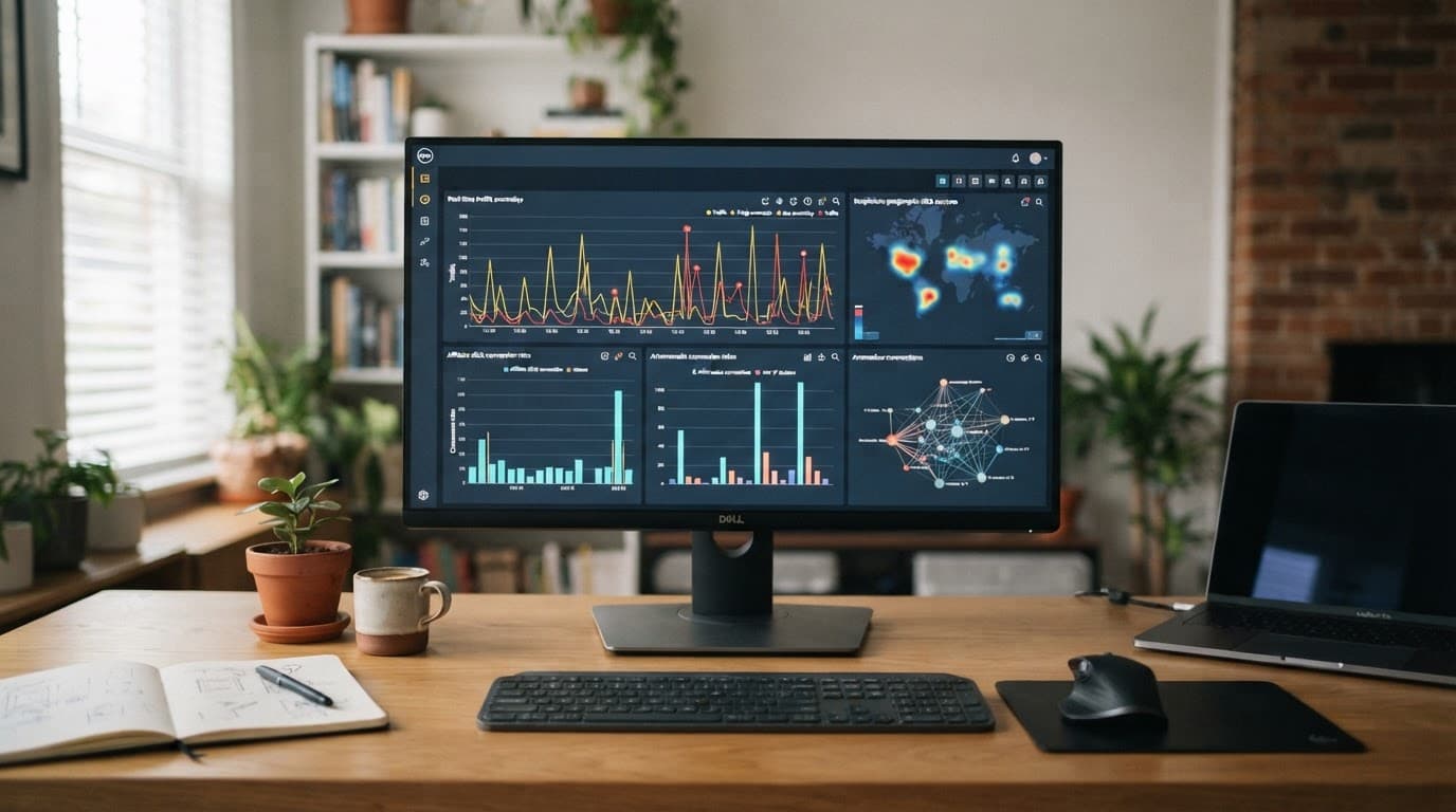 Monitor showing traffic anomalies and security metrics in a bright home office.