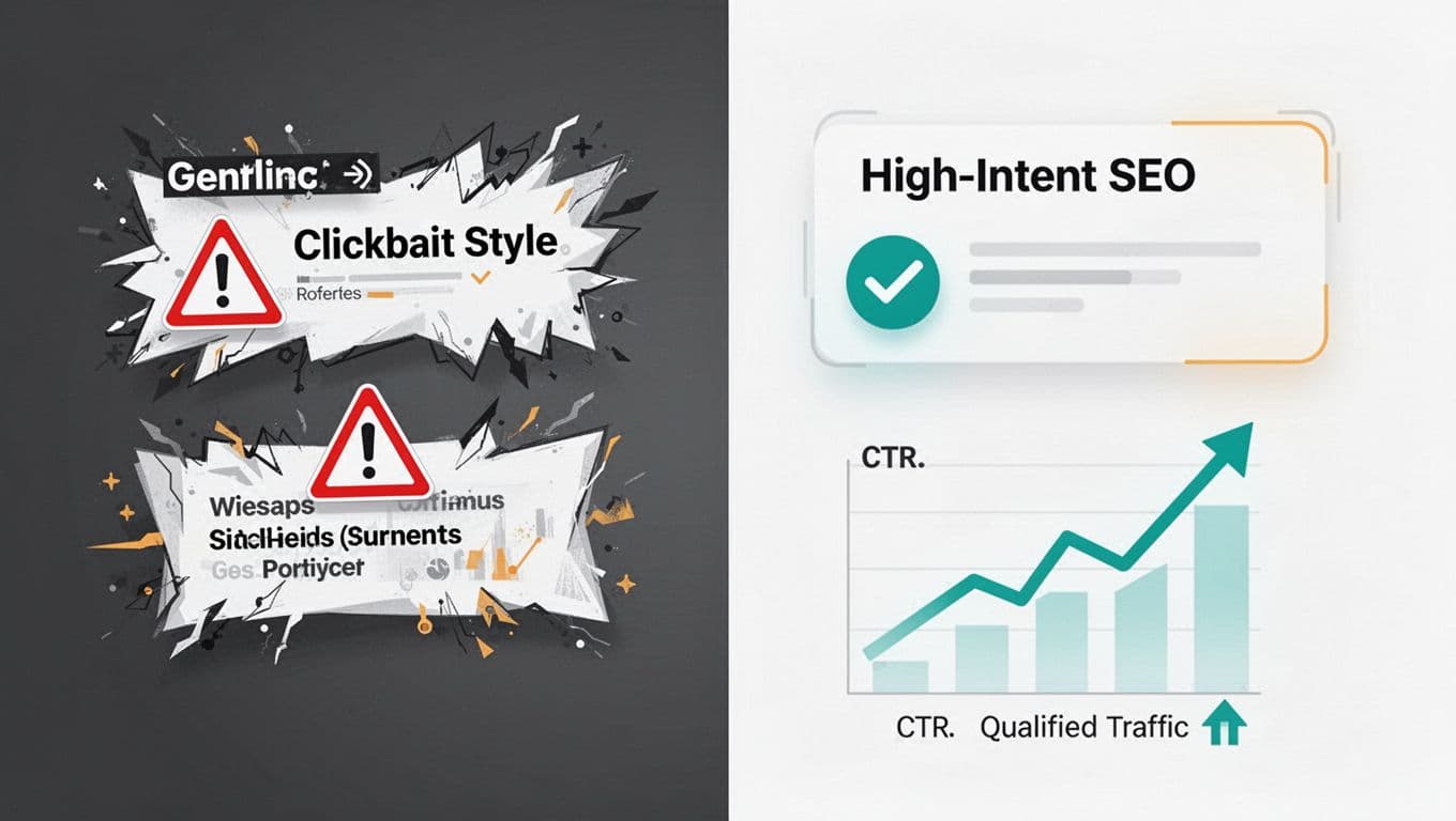 Modern flat-style illustration with subtle gradients showing a before/after split-view comparison: left side clickbait headline with jagged edges and warning icon, right side clean SEO headline with check icon and rising chart for CTR and traffic improvement.