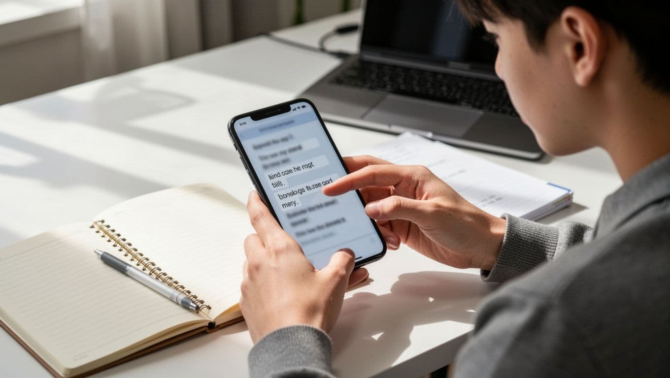A focused intermediate language learner uses the Clozemaster app on a smartphone to fill in cloze blanks in realistic sentences, sitting at a desk with a notebook nearby and a closed laptop in the background under natural indoor lighting.