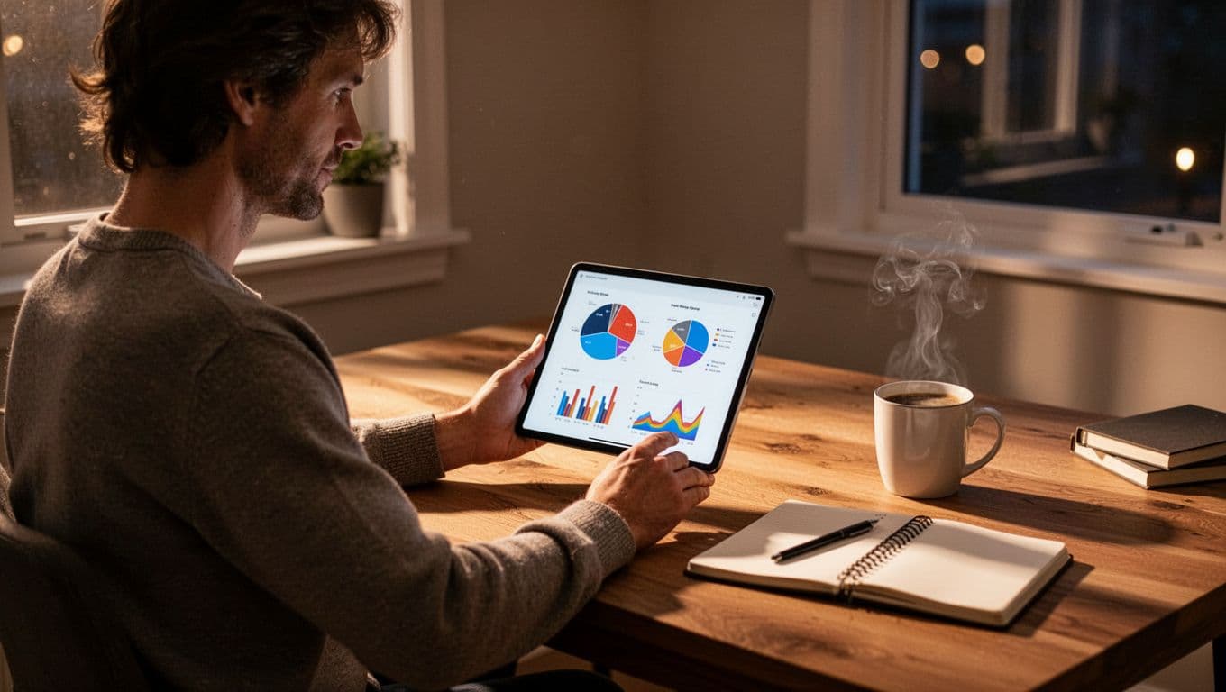 A relaxed person in a cozy home office reviews vocabulary growth stats on a Clozemaster dashboard via tablet, featuring abstract charts of long-term progress, with notebook and coffee nearby.
