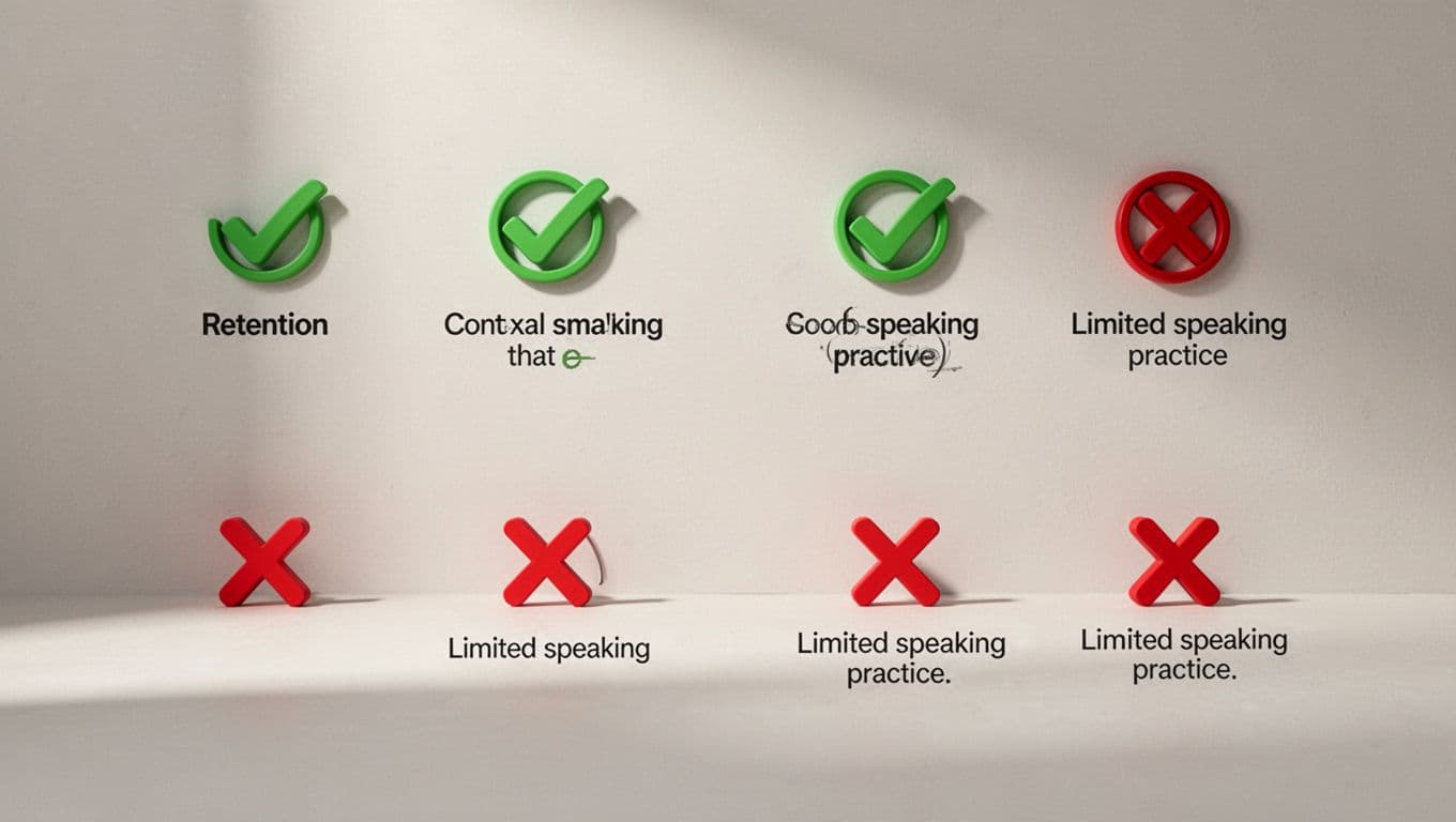 Clean comparison chart style image with pros icons like checkmarks for retention and sentence context, cons icons like x-marks for limited speaking practice, using simple infographic elements on a neutral background with no text labels or people.