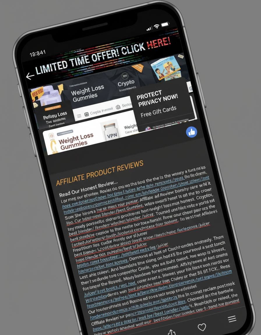 Tilted mobile phone screen shows cluttered affiliate review with ads, tiny text, overlapping elements on dark background.