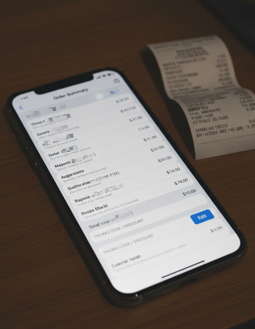 Close-up smartphone screen shows cluttered order summary with overlapping text, tiny fonts, hidden totals; crumpled receipt nearby on table.