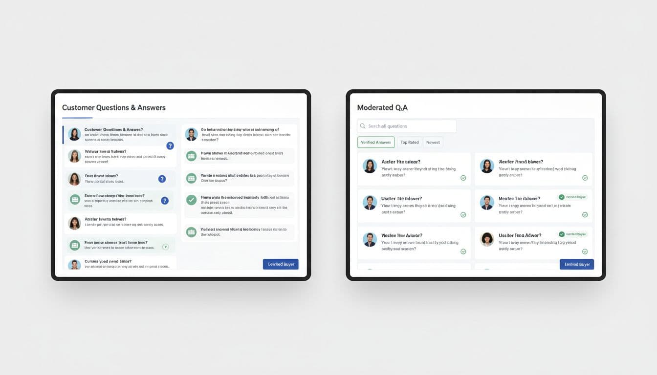 Side-by-side e-commerce product pages: left cluttered Q&A, right clean moderated Q&A with verified answers, search, filters.