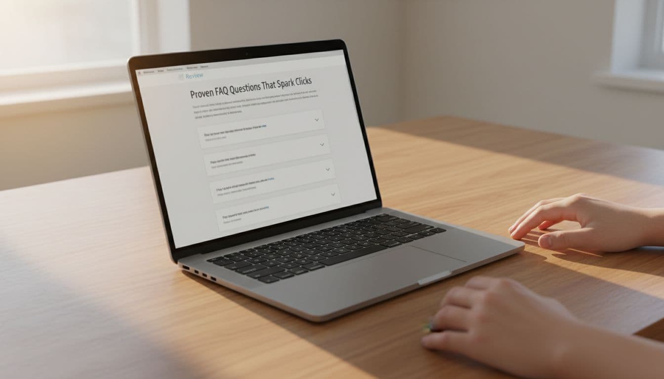 Laptop on a wooden desk showing a collapsed FAQ accordion in a review article, illuminated by soft morning light with the screen at an angle and relaxed hands nearby.