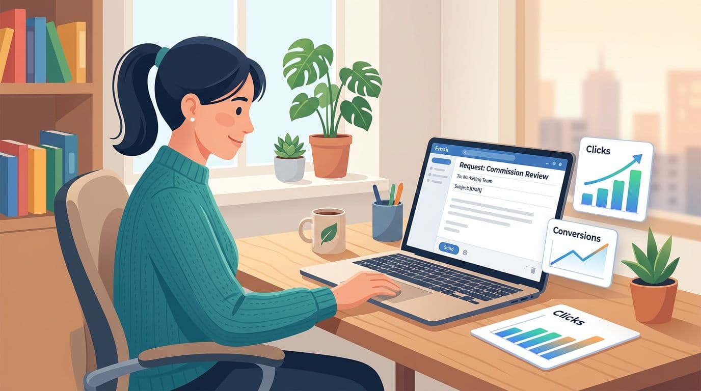 Modern home office with one person at desk viewing laptop screen showing email draft 'Request: Commission Review' and small charts indicating rising clicks and conversions, in clean flat-vector style.