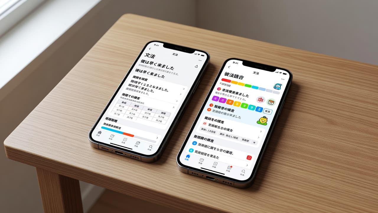 Bunpro vs Bunpo for Japanese Grammar in 2026 2 Two sleek smartphones rest on a light wood grain surface displaying different educational software interfaces. Soft sunlight illuminates the clean workspace, highlighting the digital screens used for mastering complex Japanese grammar rules.