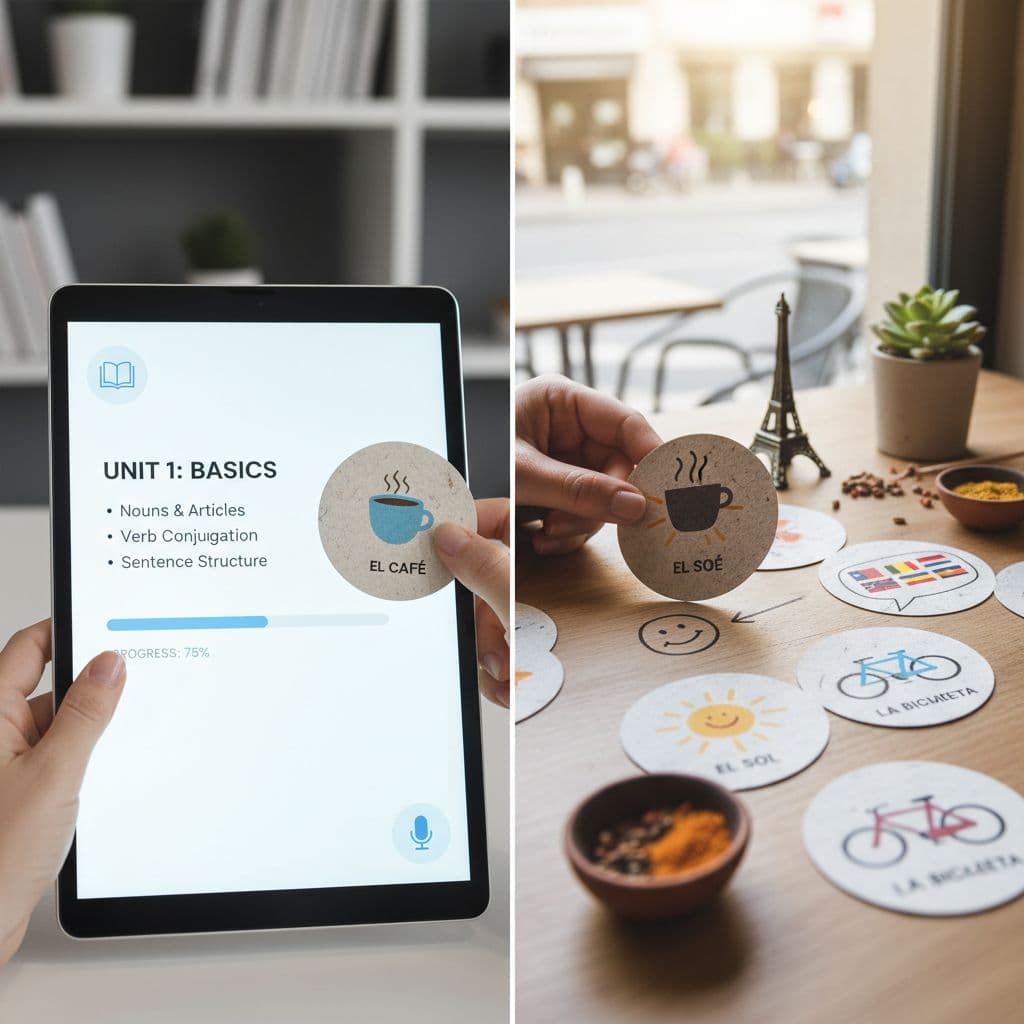 Babbel vs Rosetta Stone in 2026: Which Fits Serious Learners Better? 2 A split-screen view contrasting a digital structured grammar interface with visual immersion cards.