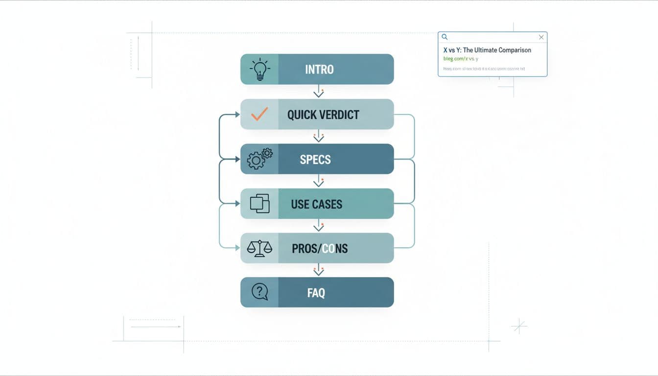 Clean flat vector illustration of a wireframe diagram for X vs Y comparison blog posts, featuring sections like Intro, Quick Verdict, Specs, Use Cases, Pros/Cons, and FAQ connected by arrows, with a SERP snippet mockup.