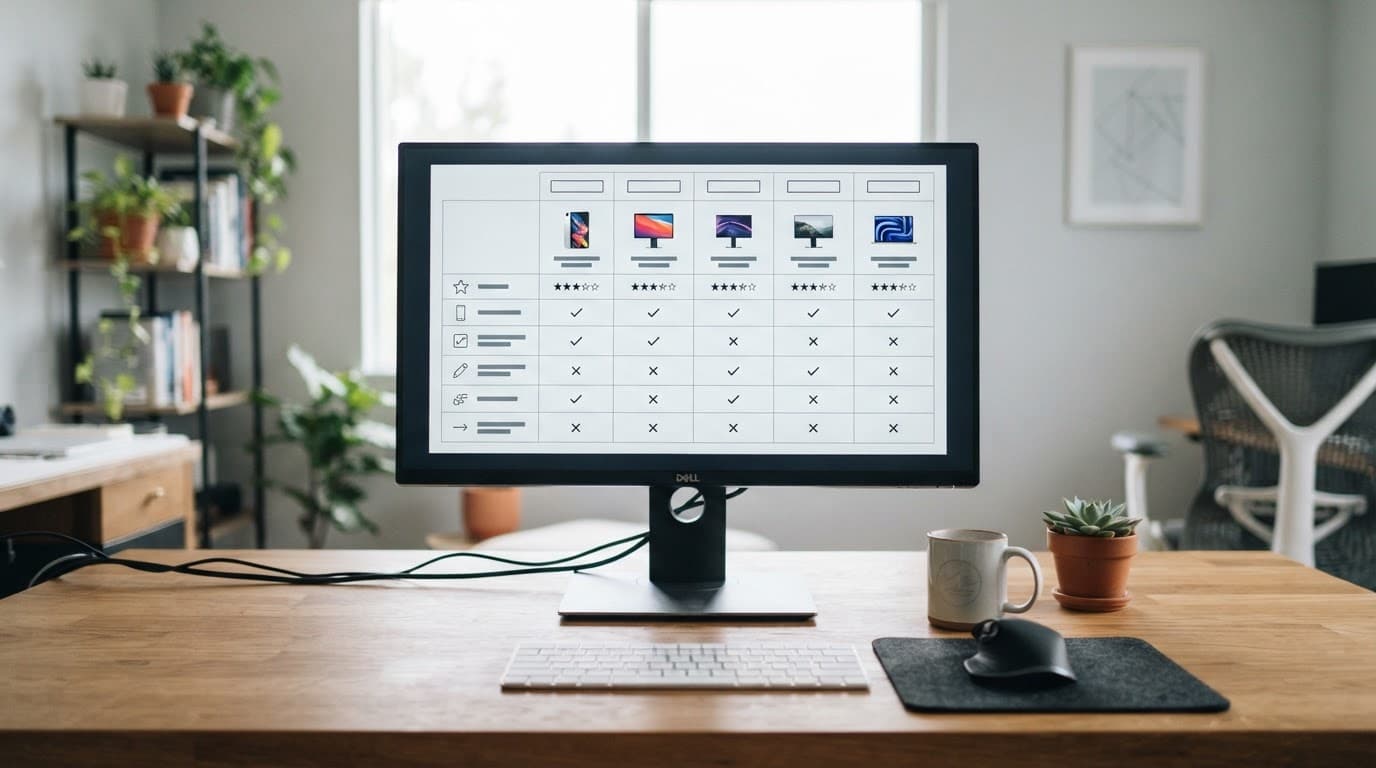 A computer monitor displaying a comparison table on a desk in a bright office.