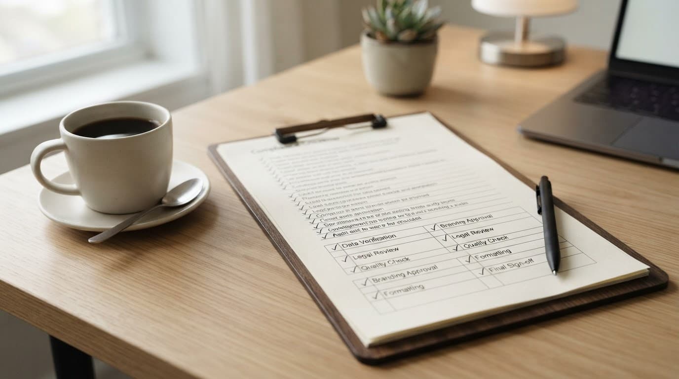 A compliance checklist beside coffee on a clean professional desk.
