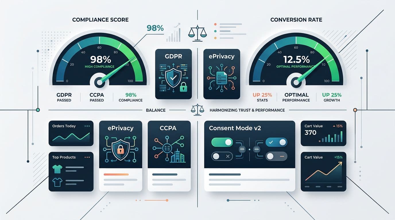 Vector illustration of a dashboard showing Compliance and Conversion rate gauges in green zones, with icons for GDPR, ePrivacy, CCPA, and Consent Mode v2 on a neutral background.