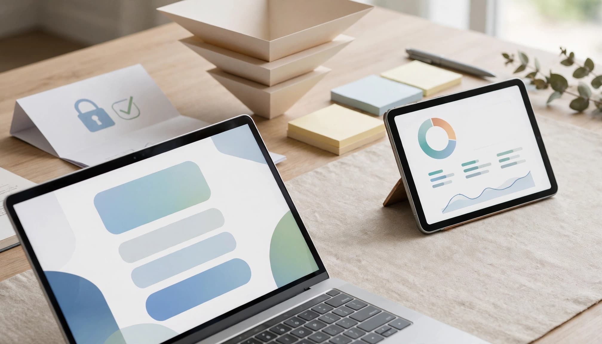 Laptop landing page with privacy document and tablet dashboard on a bright desk.