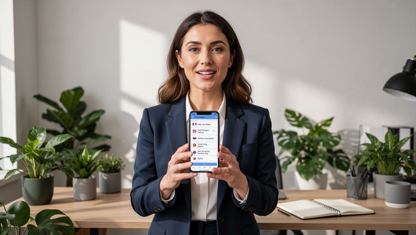 Confident young professional woman in her 30s practices speaking foreign language phrases into smartphone microphone at chest level in modern home office with plants and notebook, focused with slight smile.