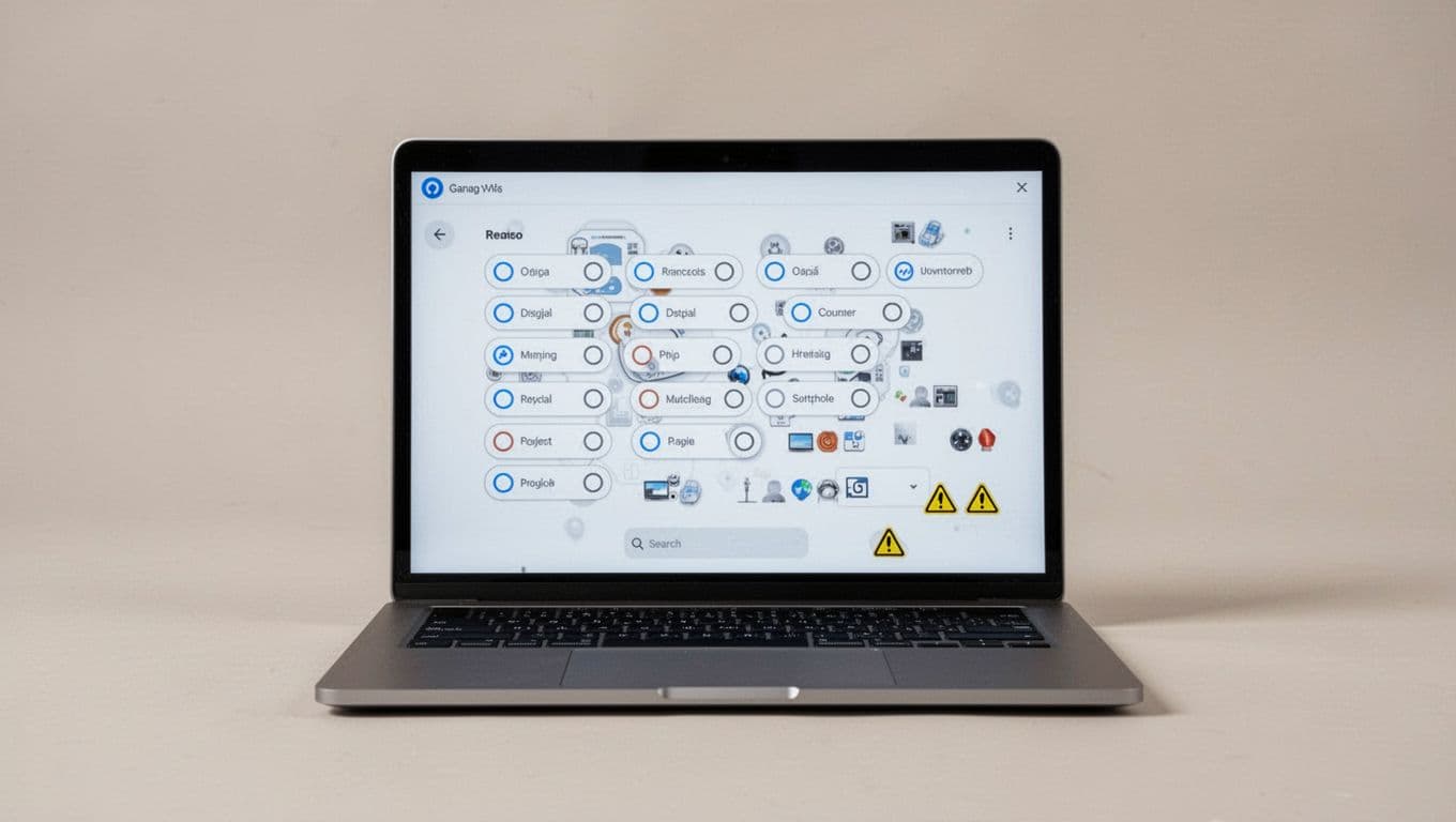 Desktop laptop screen displaying a cluttered ecommerce shipping options selector with vague labels like Free Shipping without estimates, overlapping elements, small text, and error messages on a plain background.