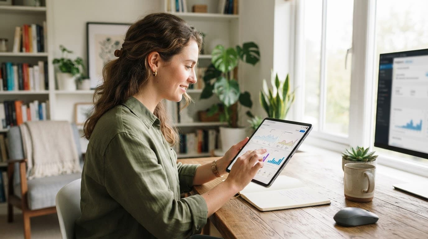 A content creator reviewing analytics on a tablet at a bright home-office desk.