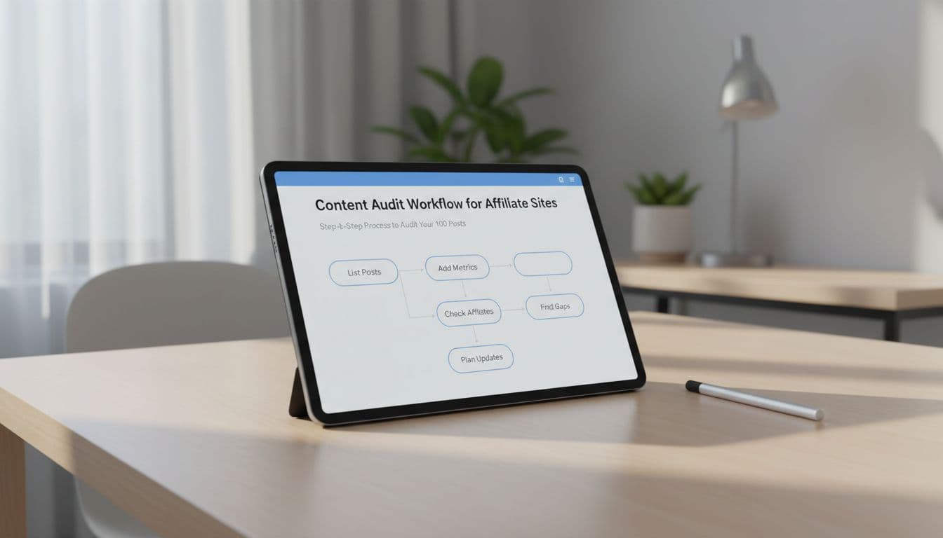 Tablet screen displays flowchart with steps: List Posts, Add Metrics, Check Affiliates, Find Gaps, Plan Updates.