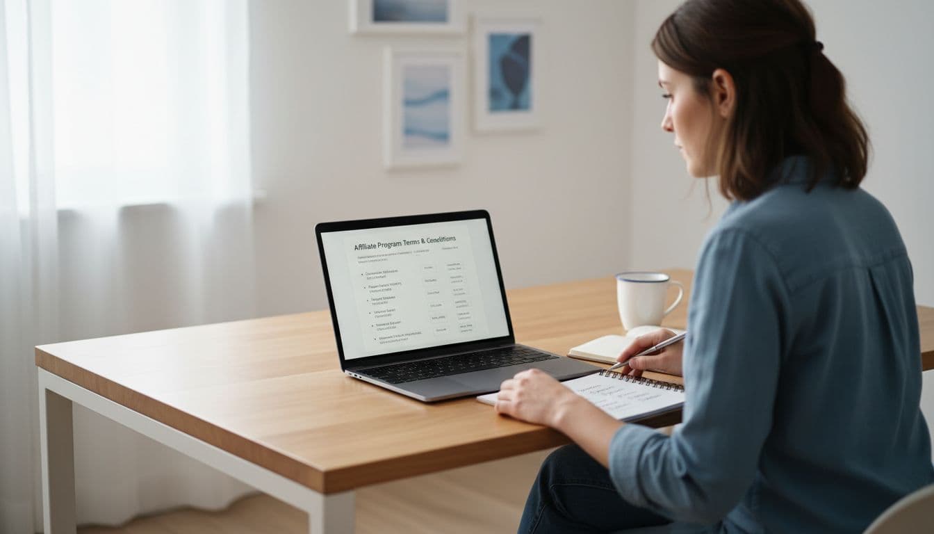 A focused content creator sits at a modern wooden desk in a bright home office, reviewing affiliate program terms on a laptop with a printed checklist, notebook, and coffee mug nearby. Soft natural light enhances the calm, productive minimalist atmosphere emphasizing due diligence.