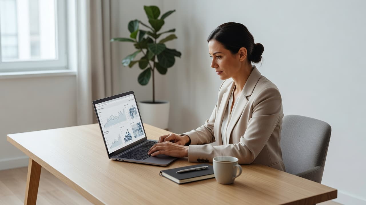 A person reviewing website visitor analytics on a laptop at a wooden desk.