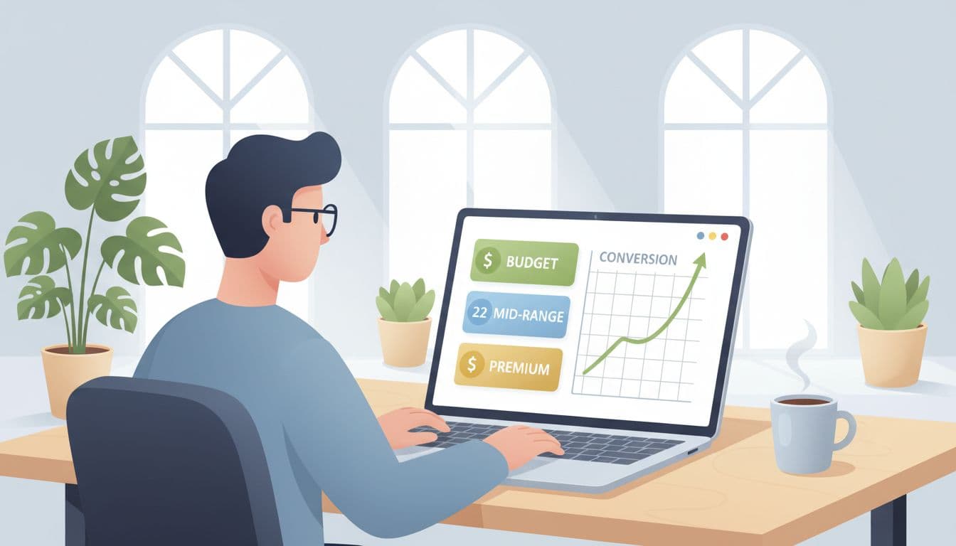 Modern flat-vector illustration of a content creator at a home office desk, focused on a laptop displaying pricing tiers and a rising conversion graph.