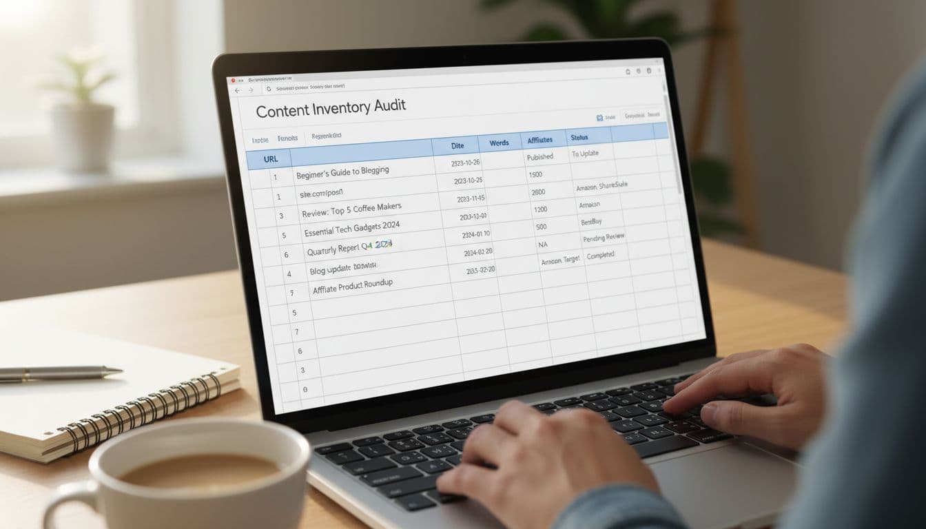 Laptop screen shows Google Sheets with content inventory table: columns URL, Title, Date, Words, Affiliates, Status, and sample rows. Notebook and coffee cup on desk.