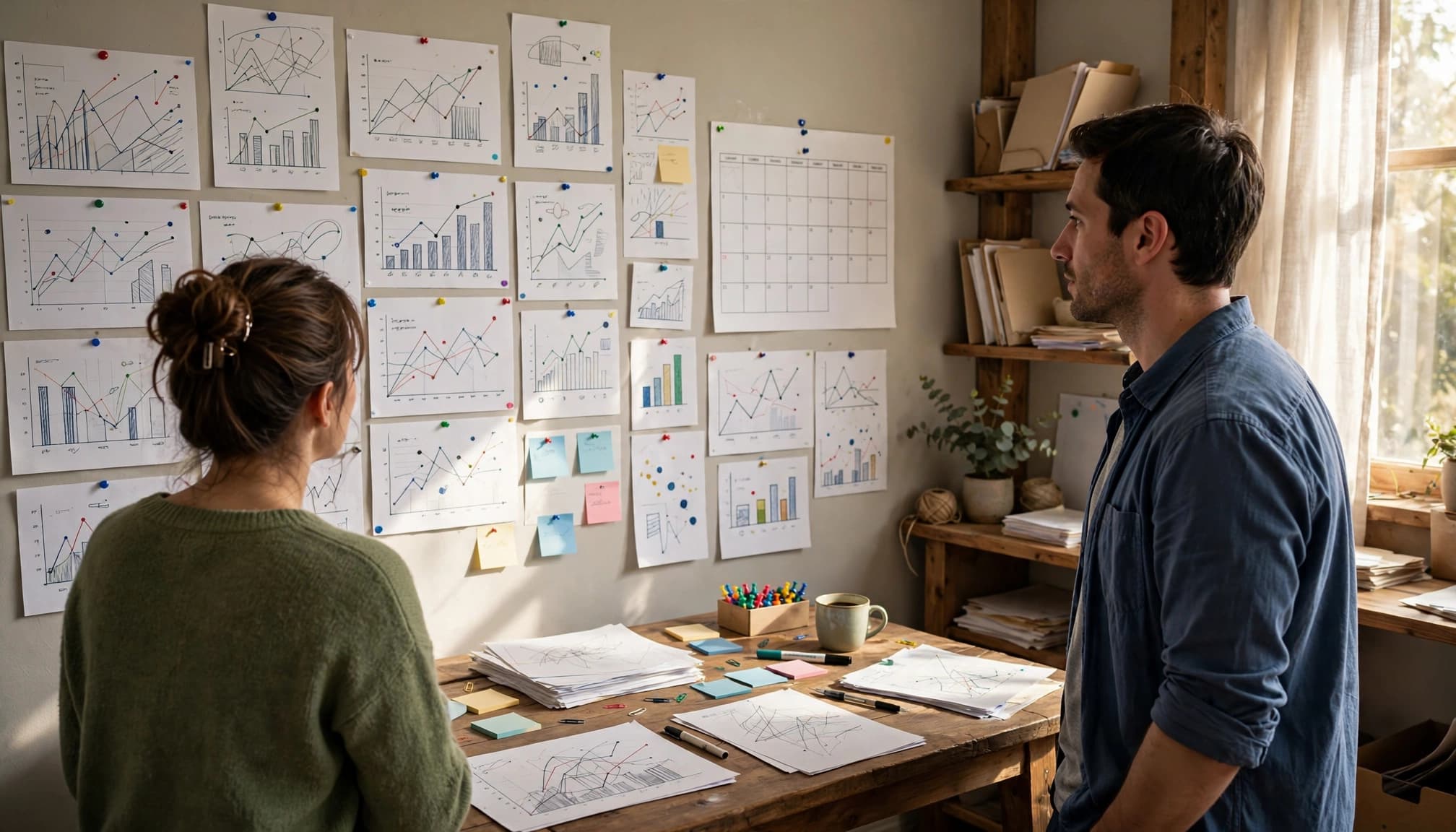 Two coworkers review wall charts and papers from opposite sides of a table.