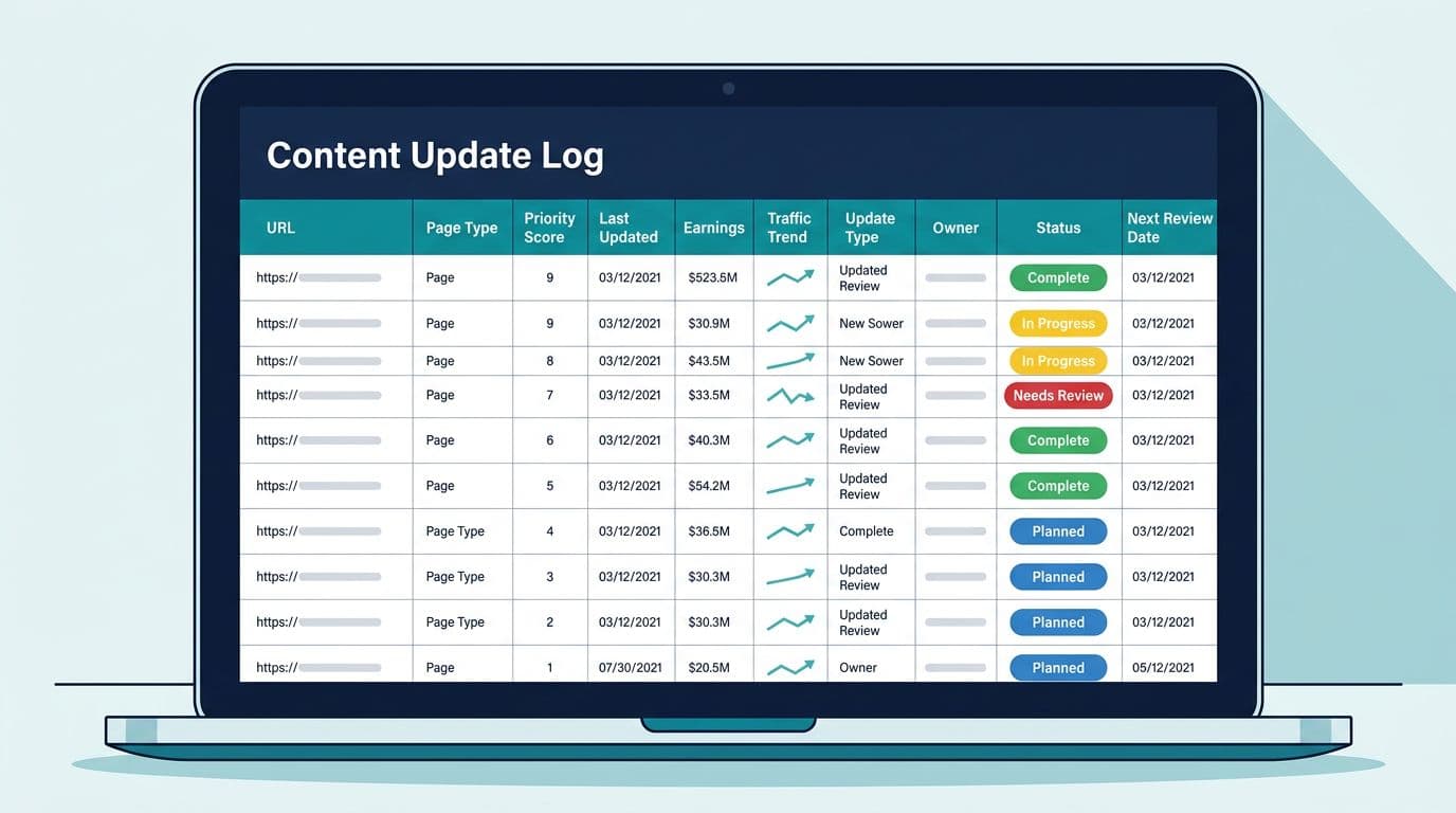 Clean, modern 16:9 editorial illustration of a spreadsheet-like Content Update Log dashboard on a single laptop screen, featuring columns like URL, Page Type, Priority Score, Last Updated, Earnings, Traffic Trend, Update Type, Owner, Status, and Next Review Date, with color-coded status pills in a high-contrast navy/teal/white flat vector style.