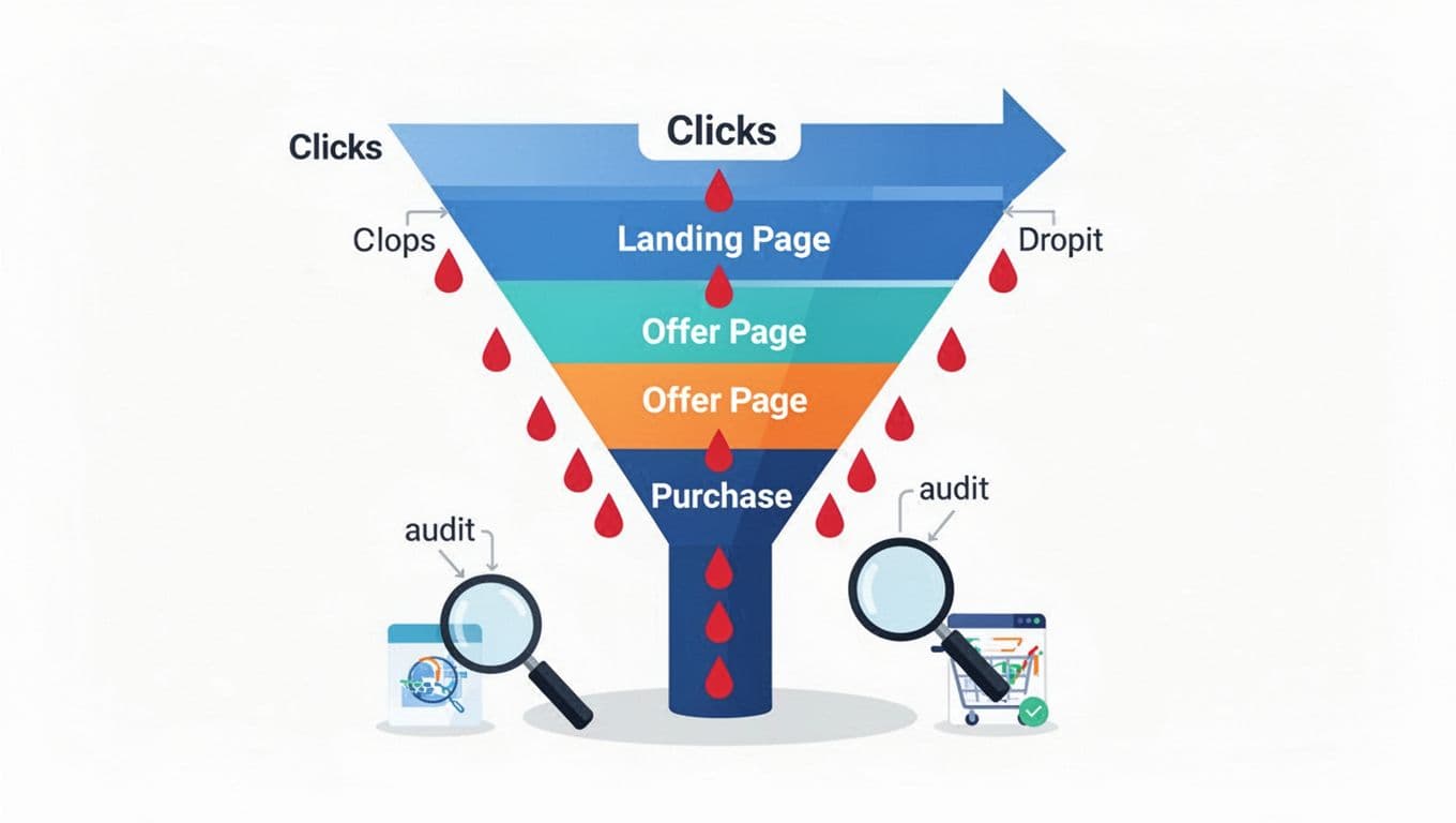 Clean 2D vector flat design illustration of a simplified four-stage conversion funnel from clicks to purchase, featuring red drop-off markers and magnifying glass audit icons on a white background with blue, teal, and orange tones.