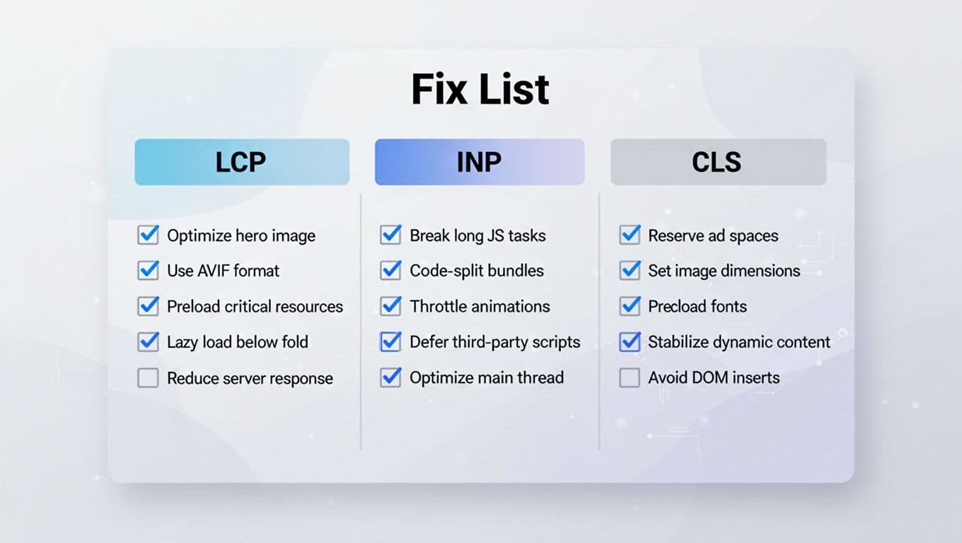 A clean, professional isometric flat-style illustration of a large checklist board titled 'Fix List' divided into LCP, INP, and CLS columns, each with five optimization bullet points for improving Core Web Vitals in e-commerce.