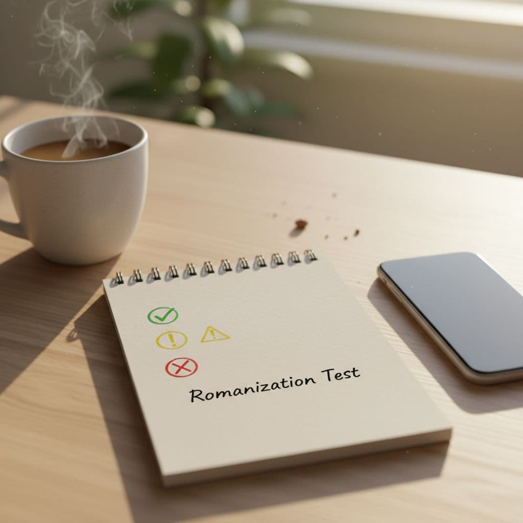 The 10-Minute Romanization Dependency Test For Language Apps 3 Photorealistic image of a simple handwritten checklist on a notepad for romanization test scoring with pass, caution, and fail icons, placed next to a coffee mug and smartphone in a warm morning light cozy desk setting.